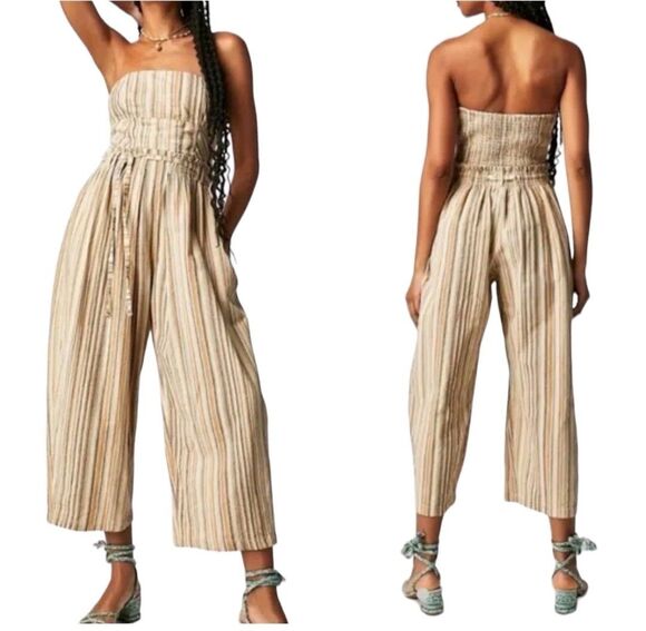 Free People Pants - Free People Roaming Shores Strapless Jumpsuit Women’s XS Smocked Crop Pockets